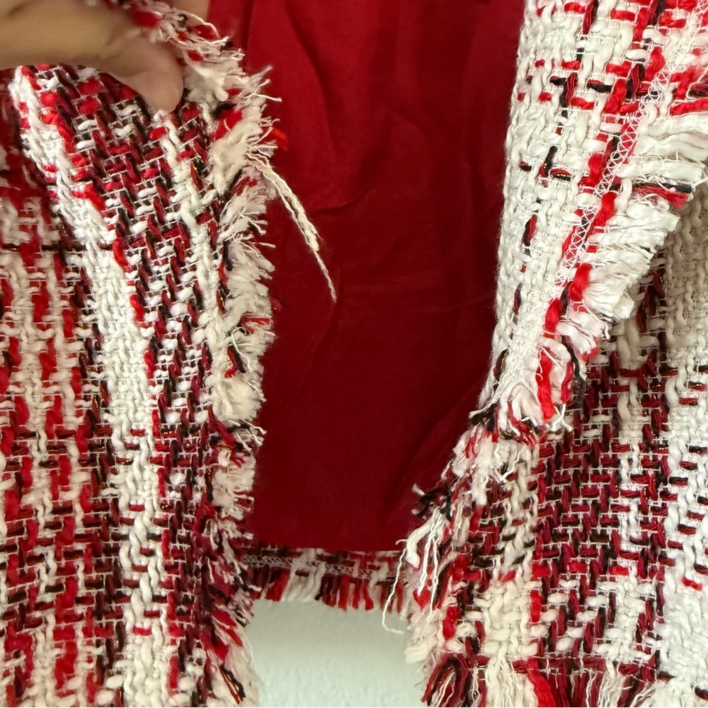 RARE Zara Red White Tweed Blazer Rhinestone Jewled abutting Double breasted XS - Picture 10 of 17